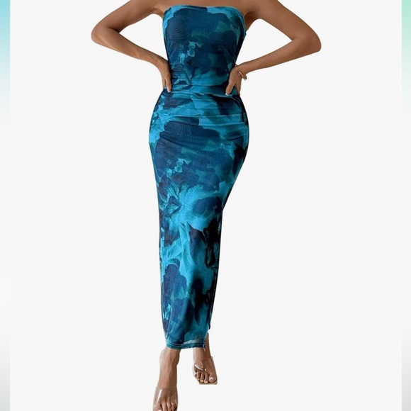 Maxi Bodycon Dresses Strapless Tube Top Printed Long Slit Dress - Picture 4 of 8